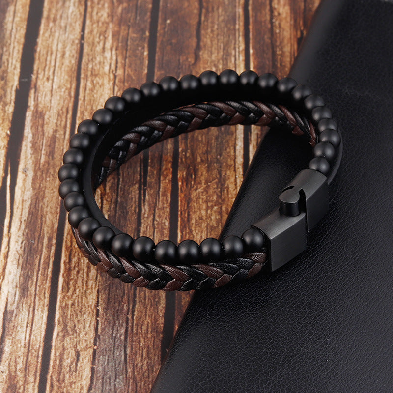 Natural Stone Lava Stone Bracelet Stainless Steel Leather